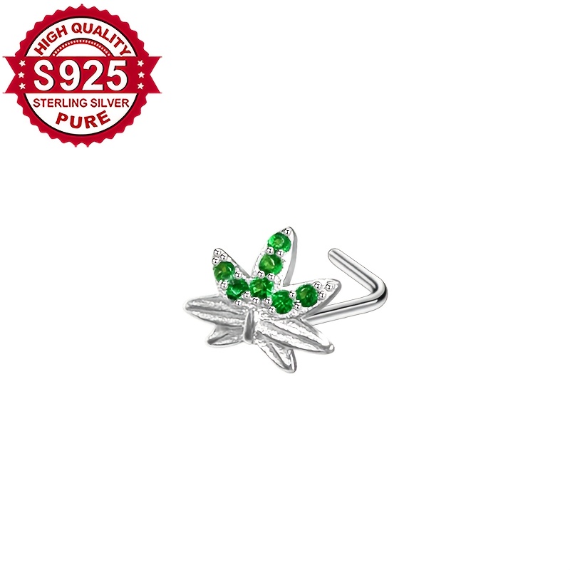 Women's S925 Silver Emerald Green Zirconia Maple Leaf Nose Stud